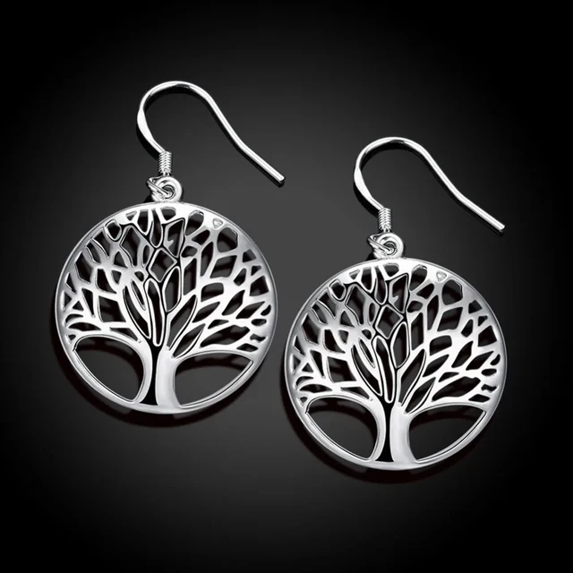 Boucles d'oreilles en argent Sterling 925 pour femmes, bijoux de haute qualité, arbre rond sculpté creux, cadeaux de noël, nouvelle collection – Image 4