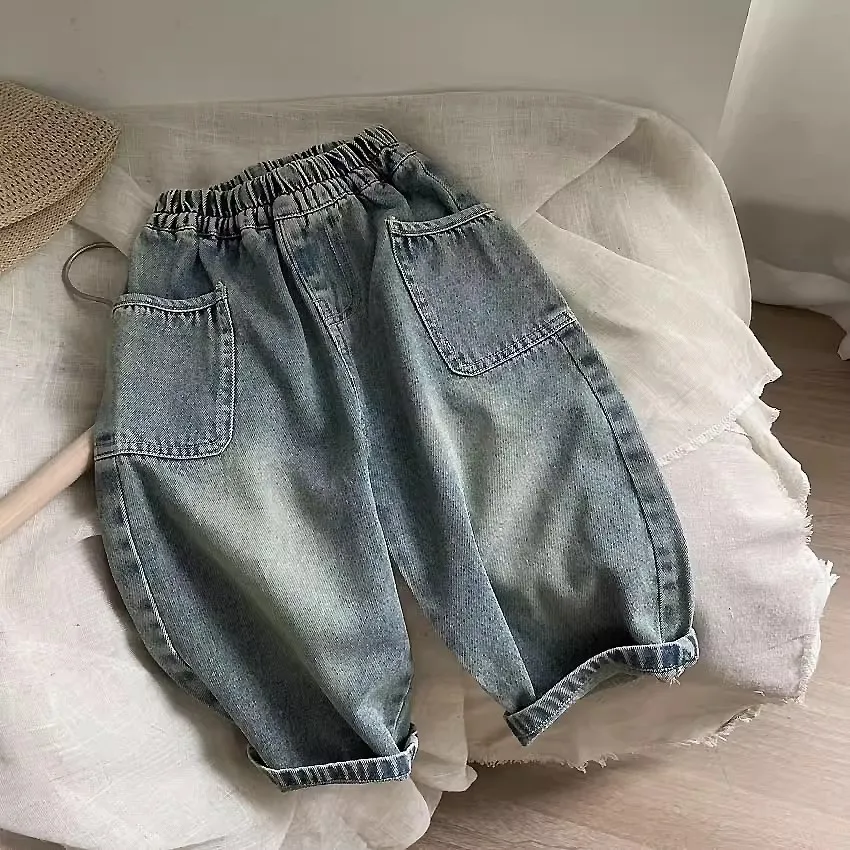 Pantalons décontractés pour enfants, nouvelle collection printemps et automne, pour enfants de petite et moyenne taille, poche latérale, meulage, jean blanc pour garçons