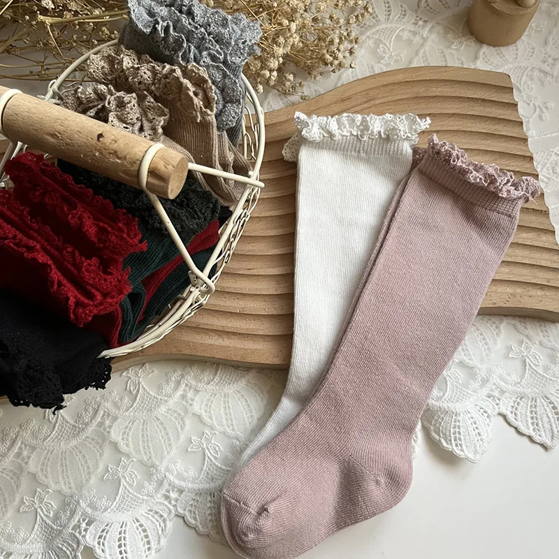 Chaussettes longues en dentelle à volants pour bébés filles, chaussettes en coton doux pour tout-petits, chaussettes de princesse pour enfants, automne, 0-5 ans