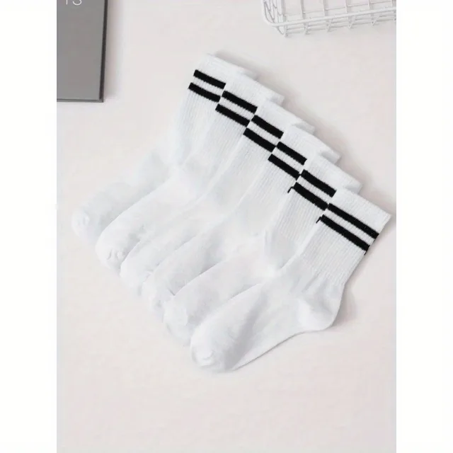 6 Pairs High Tube Mid Length Stockings Set For Men in Solid Black And White With Parallel Bars Popular and Sweat Absorption – Image 3