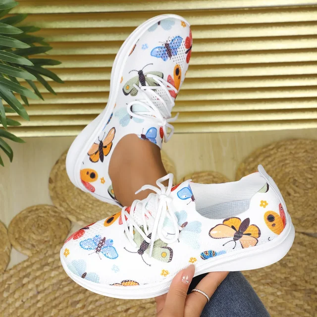 Chaussures de course légères et respirantes pour femmes, chaussures de sport décontractées tricotées, grande taille, impression Web, plates, nouvelle collection automne 2024 – Image 4