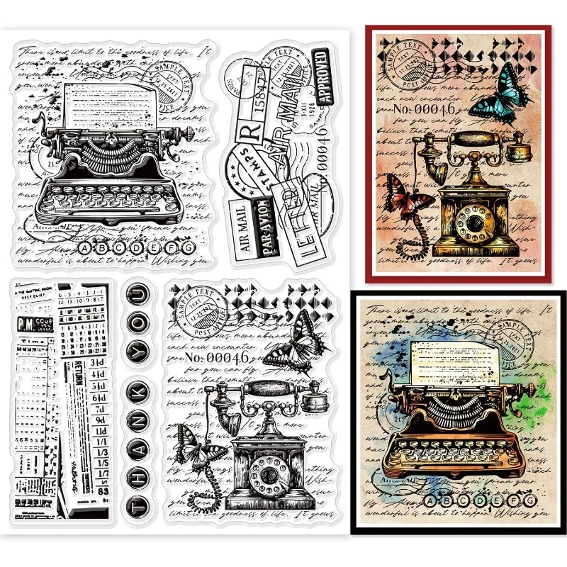 1Sheet Retro Typewriter Background Clear Stamps for Cards Making Vintage Telephone Background Silicone Clear Stamp Seals