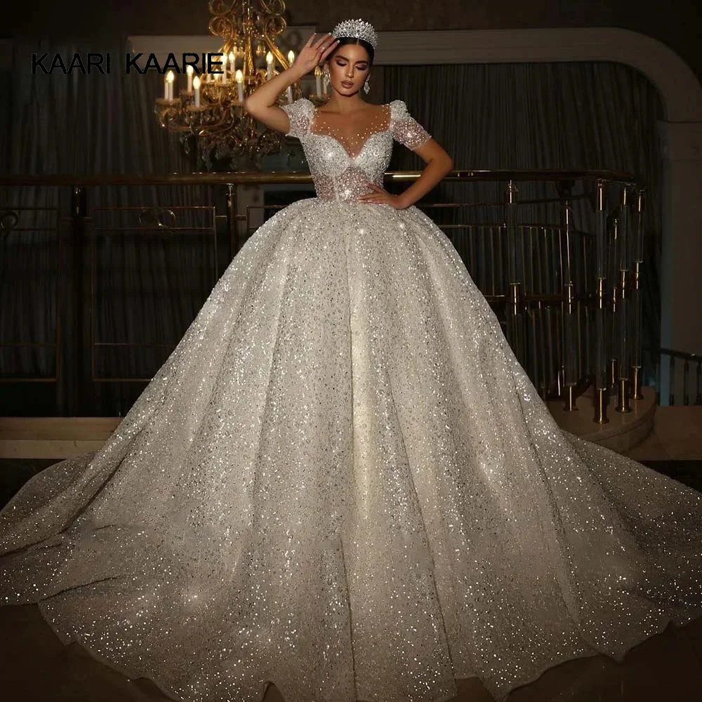 Agreari-Robe de mariée à manches courtes, col carré, dos nu, A-ligne, brillant, robes de mariée, éducatif