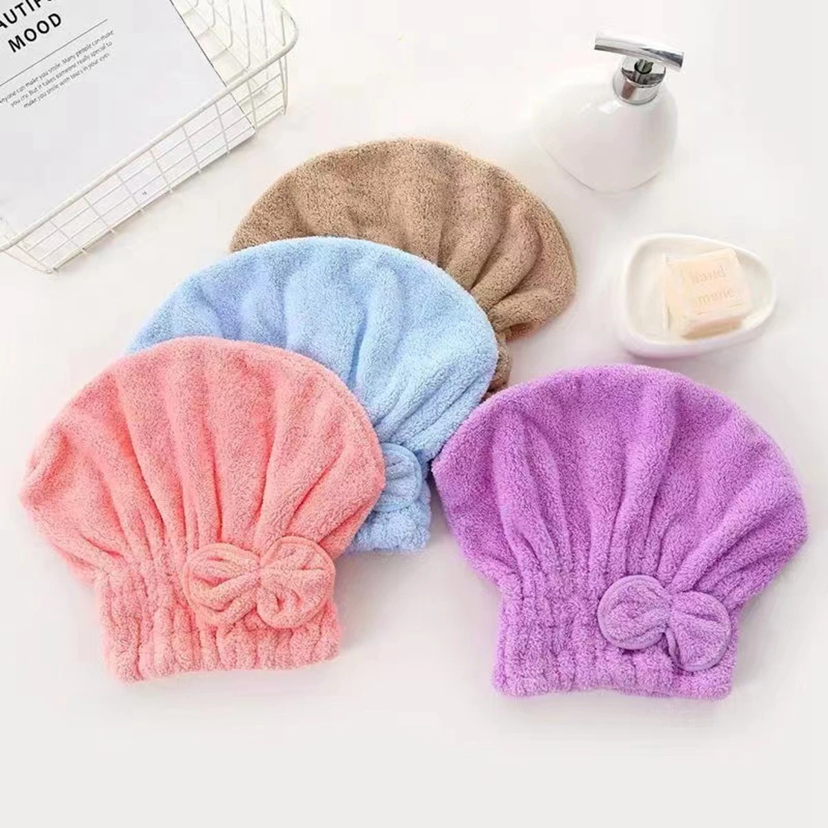 Serviettes de séchage de cheveux en microfibre, 1 pièce, bandeau avec nœud papillon, bonnet de douche, Turban, bonnet de bain pour cheveux bouclés, longs et humides, cadeau