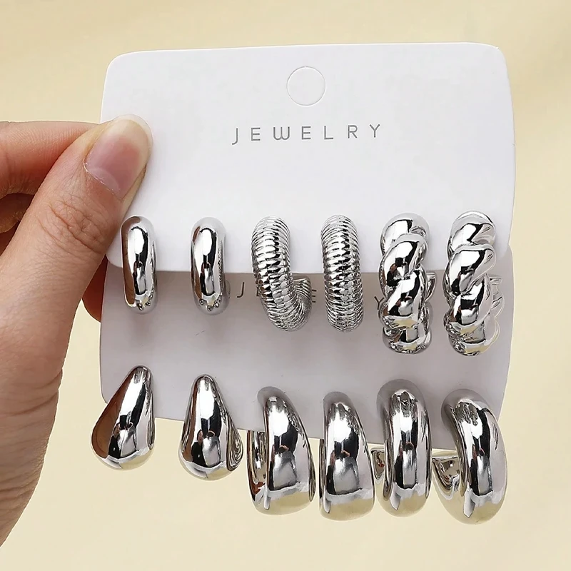 6Pcs Classic Geometry Glossy Ccb Silver Color Twists C Shape Hoop Earrings Set for Women Teens Vintage Daily Wear Ear Jewelry