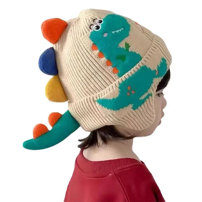 Bonnet dinosaure de dessin animé pour bébé garçon, bonnet en tricot chaud pour enfants, couvre-chef coupe-vent pour enfants, bonnet d'oreille, nouveau, hiver