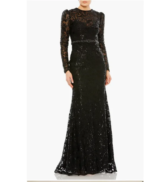 Robe de soirée sirène plissée en dentelle de Rotterdam pour femmes, col rond, manches longues, paillettes noires, robe de Rhélégante, occasion formelle