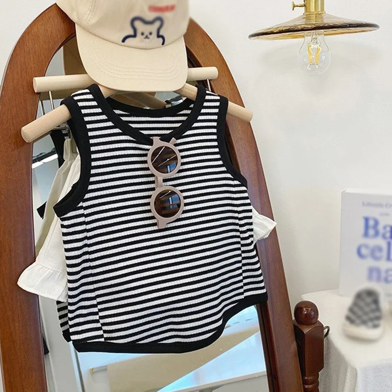 Économie rayés en fibre de coton pour filles, vêtements pour enfants, t-shirt décontracté doux, col rond, vernis, sortie, 3 à 9 ans