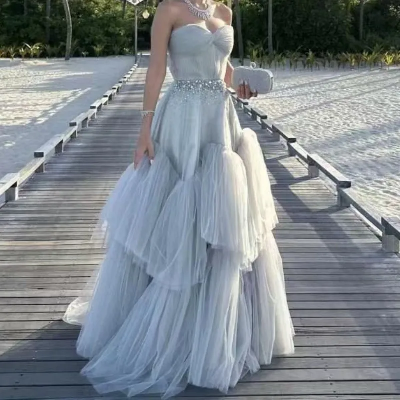 Robe de Soirée Brillante à Personnaliser pour Femme, Tenue de Bal à Perles, en Maille, Dos aux, Violet, à Couches