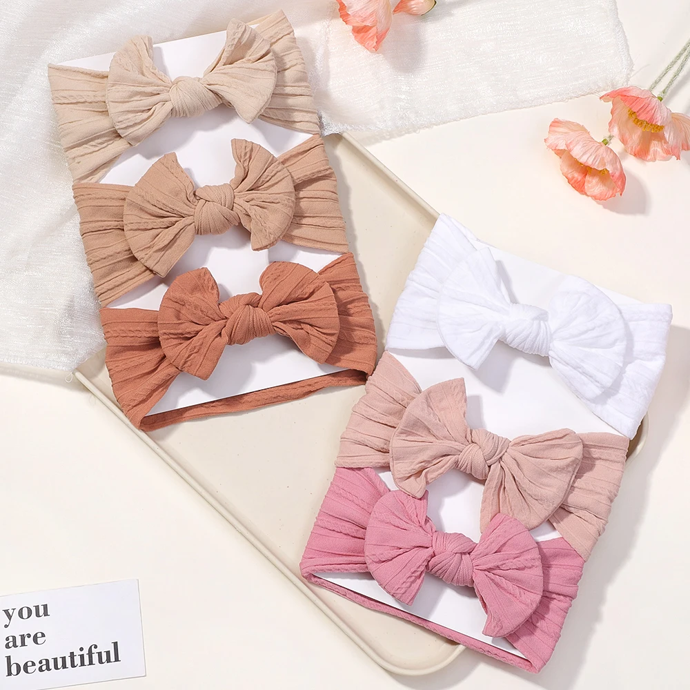 3 pièces couleur unie bébé bandeau arc enfants bandeau élastique en Nylon nouveau-né bandeaux doux Turban bandeau enfant cheveux accessoires