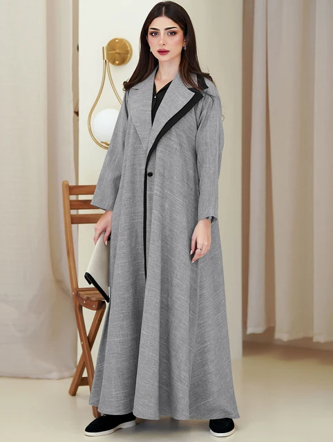 Robe caftan musulmane en mélange de lin, col coloré islamique, manteau long, Abaya Jalabiya, robe éducative, patchwork de Dubaï, Eid – Image 3
