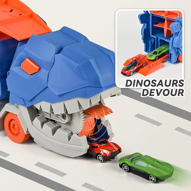 Camion de dinosaure de transport avec piste marketde course pliable, se transforme en t-rex debout, meilleurs cadeaux d'anniversaire, jouets pour garçons et filles, enfants – Image 2