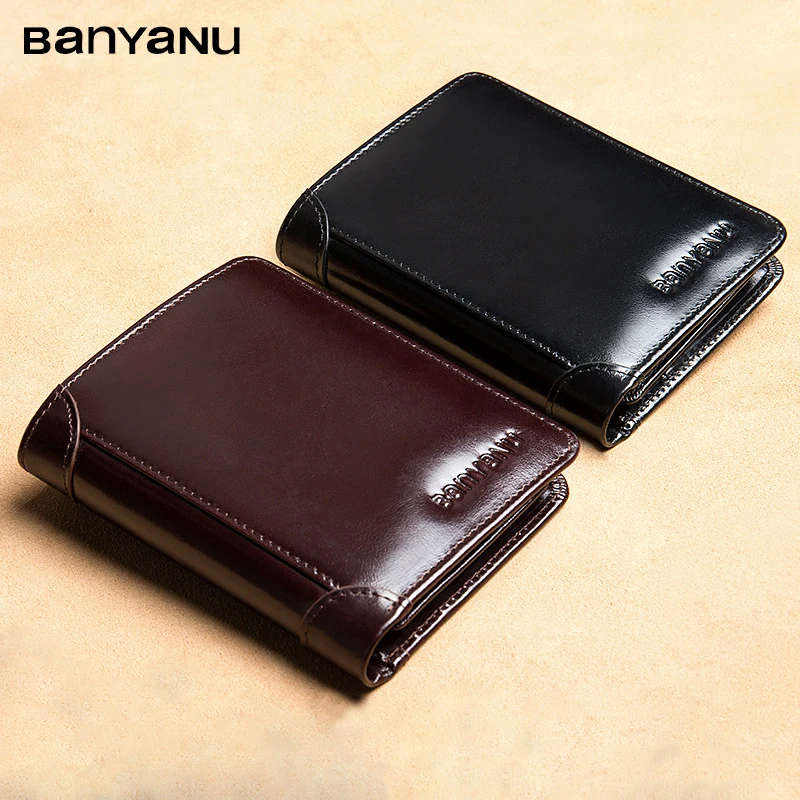 BANYANU Anti Rfid Classic Style Wallet Genuine Leather Men Wallets Short Male Purse Card Holder Wallet Men Fashion High Quality