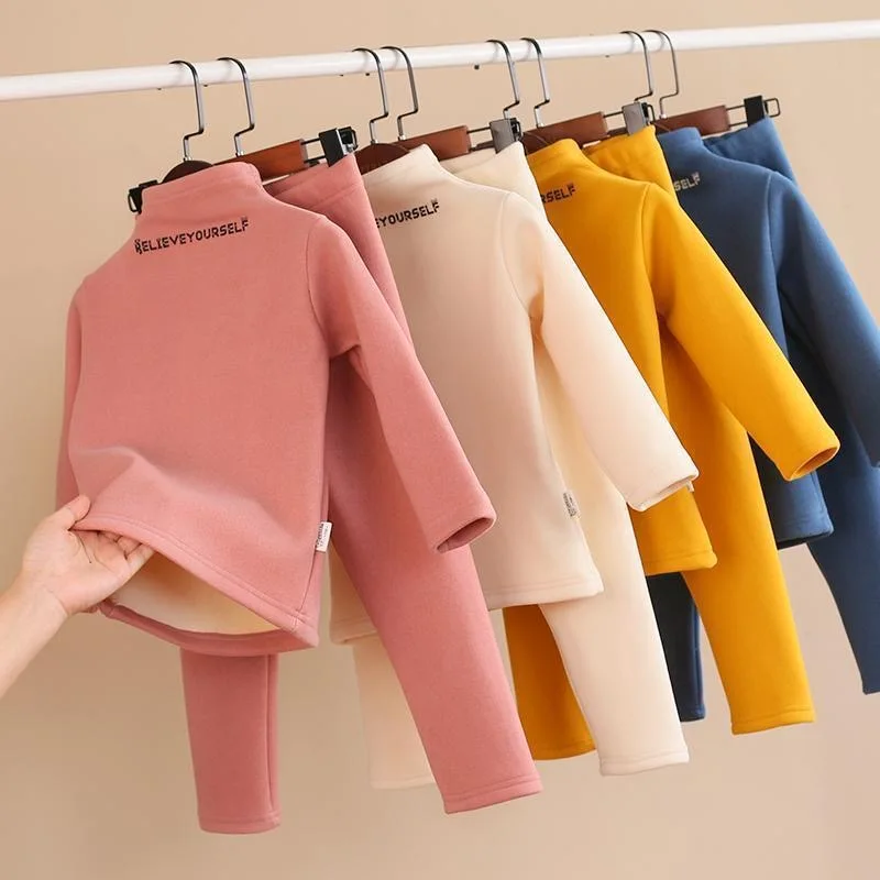 Ensemble 2 pièces en molleton à col roulé pour enfants, vêtements chauds pour la maison, pyjama et pantalon de pyjama avec lettres imprimées, automne et hiver