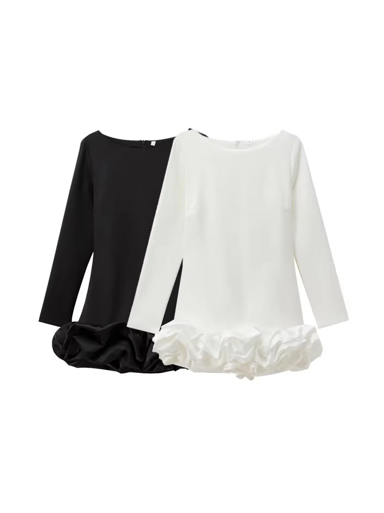 TRZA-Mini robe volumineuse en Patchwork pour femmes, col rond, manches longues, fermeture éclair au dos, robes féminines, mode Sexy