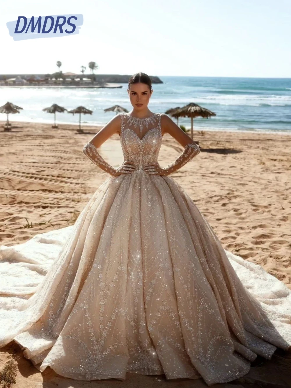 Robe de mariée Corset à col rond, charmante robe de bal à paillettes, élégante, personnalisée, romantique, sans gants, vêtements de mariée