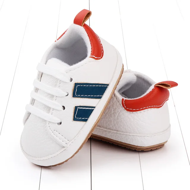 Baskets décontractées rayées en cuir PU pour bébé, chaussures pour tout-petits, semelle en caoutchouc non ald, chaussures à lacets pour bébé, nouveau-né, garçon, fille – Image 2