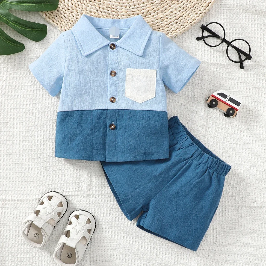 Ensemble 2 pièces pour bébé garçon de 0 à 3 ans, couleur bleue assortie, Short à manches courtes, beau Style de loisirs, tenue de fête d'anniversaire