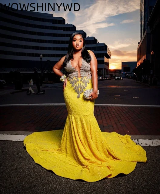 Personnalisé 2025 jaune sirène robes de bal cristaux col transparent paillettes soirée formelle fête d'anniversaire robes robes ZJ217 – Image 3