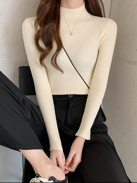 Automne hiver col montant femmes pull Vintage basique solide tricoté hauts décontracté mince pull coréen chandails Simple Chic pulls – Image 6