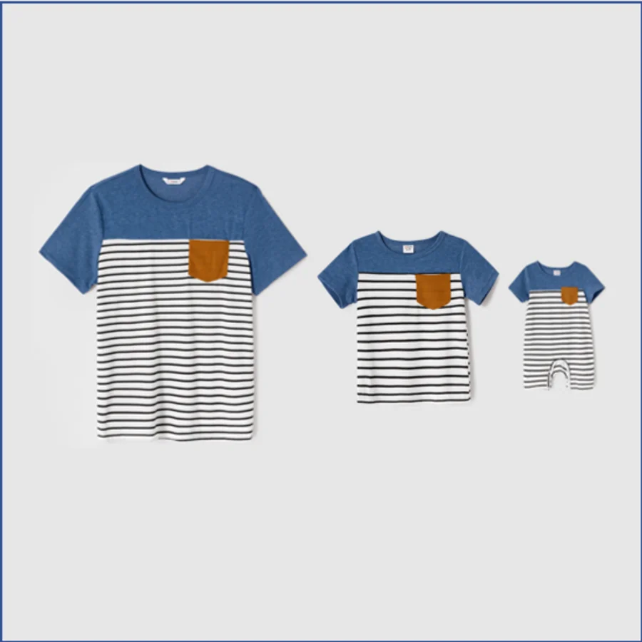 PatPat-Robes mi-longues ceinturées à manches courtes, tenues papa et moi, bleu, mancherons, t-shirts épissés rayés, ensembles de looks familiaux