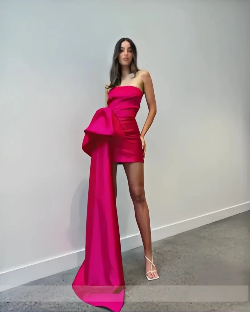 Robes de soirée en satin courte une ligne robe de bal sans bretelles fermeture éclair dos ouvert côté grand arc mini robe de cocktail robe de soirée dansante