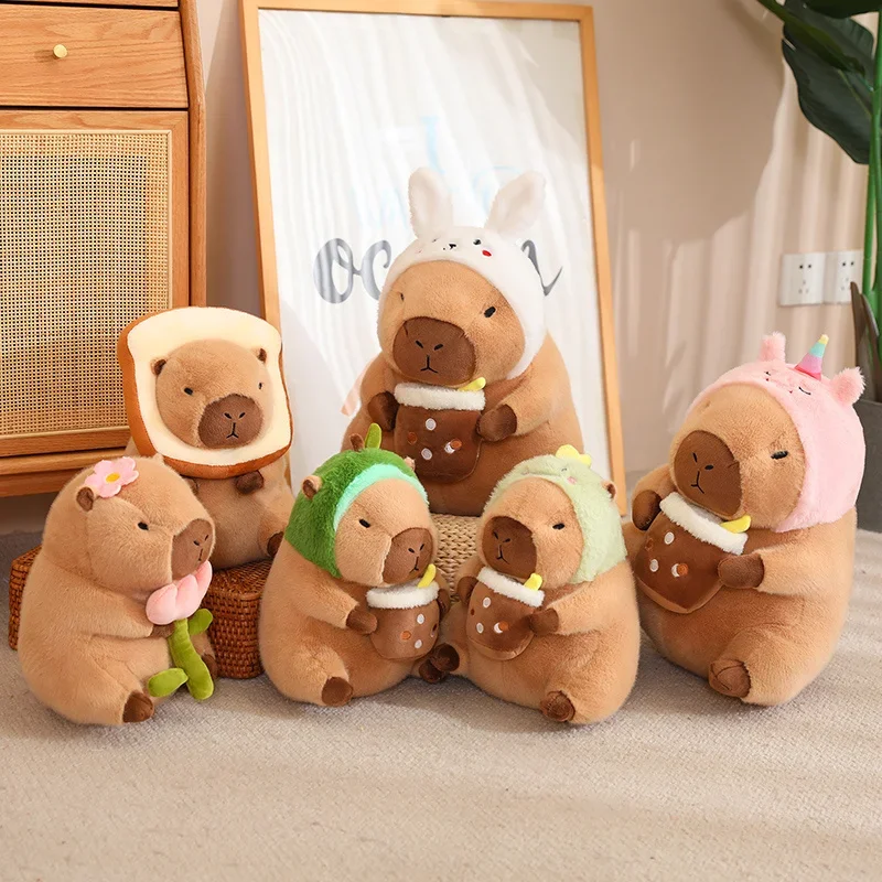 Capybara peluche jouet Simulation Capibara Cosplay licorne dinosaure robe Boba pain fruits nourriture décor oiseaux bulle animaux en peluche