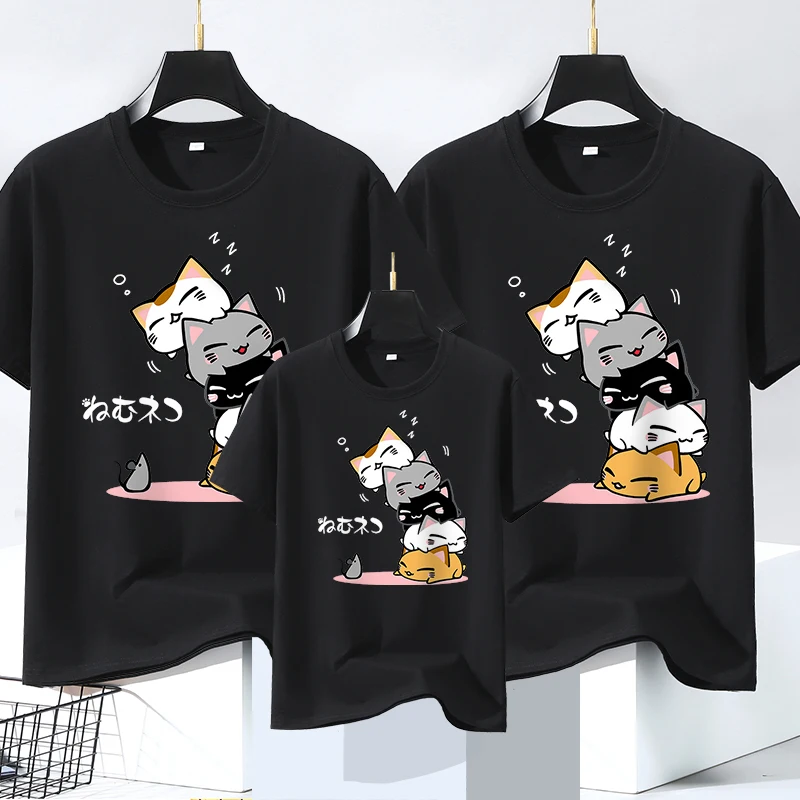 Une famille de 3 chats empilés à manches courtes pour dormir, vêtements respirants, vêtements surdimensionnés, t-shirts à col rond pour enfants, t-shirts pour papa