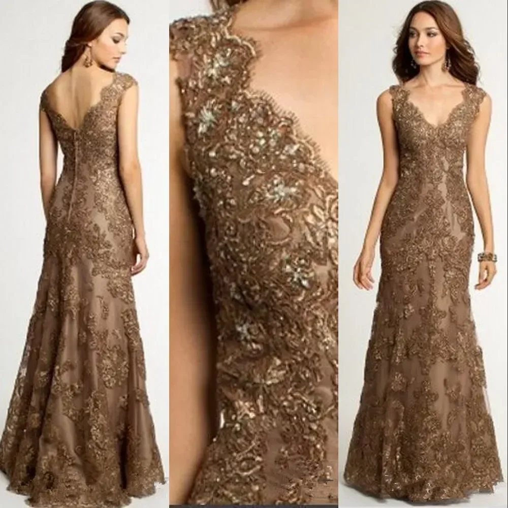 Robe sirène élégante à col en V pour mère de la mariée, appliques en dentelle, perles de cristal, marron, trompent, fête formelle, mariage, mode, 2023