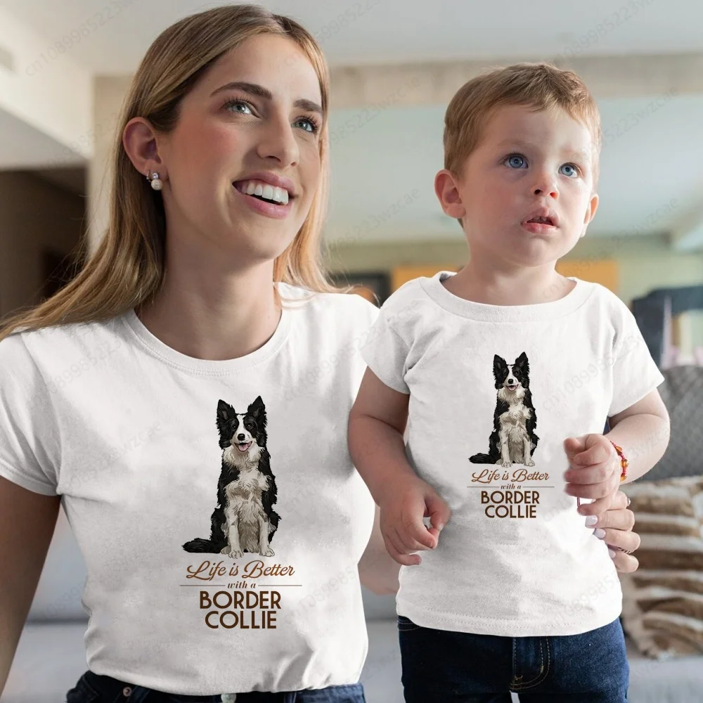 Border Collie-T-shirt décontracté à manches courtes et col rond pour fille, tenue assortie pour maman et moi