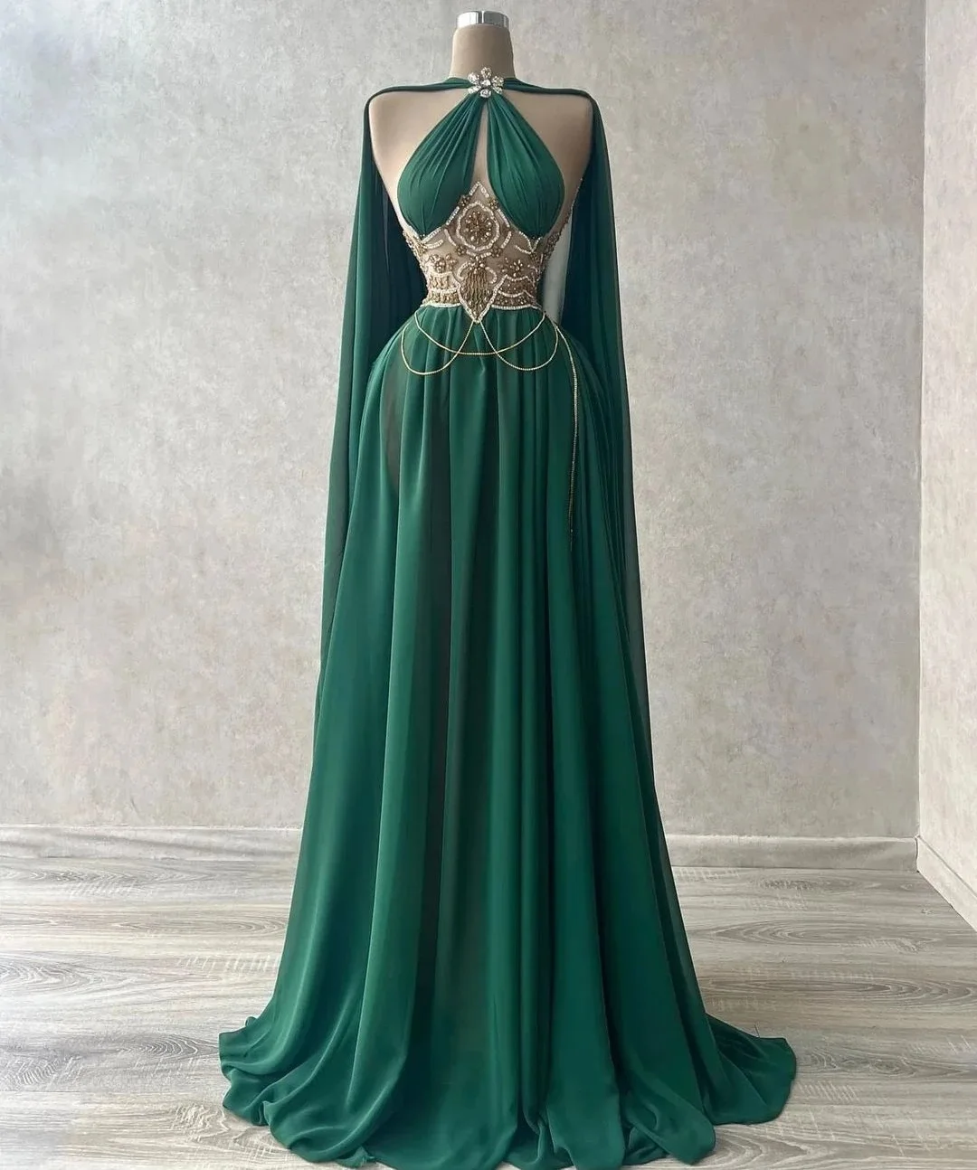 Varboo_Elsa levez d Green Robe de soirée en mousseline de soie pour femme, Dubaï, manches cape, cristal perlé, CAN ac, arabe, fête de mariage, quoi que ce soit