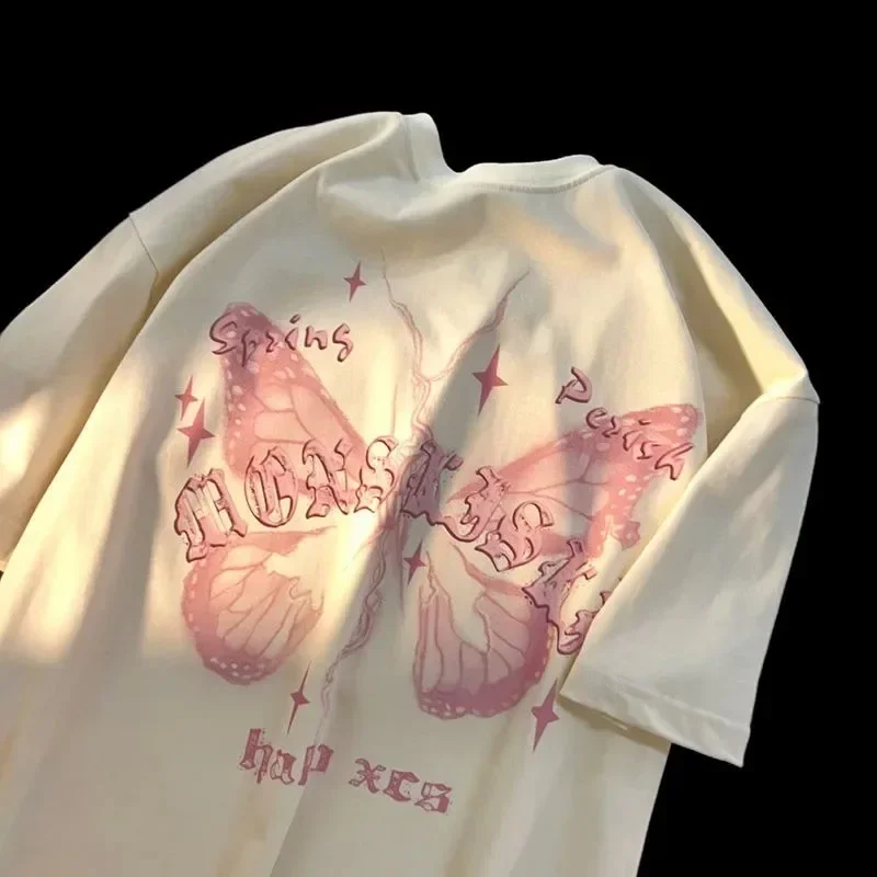 T-shirt à manches courtes imprimé papillon pour hommes et femmes, haut rétro américain, pur coton, couple polyvalent, grande taille