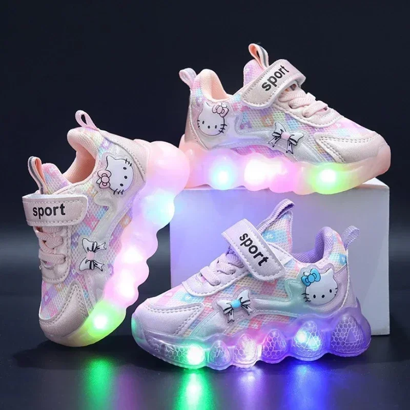 Chaussures décontractées mignonnes Hello Kitty pour bébé fille, baskets lumineuses à LED pour enfants, chaussures de marche pour tout-petits, chaussures anti-ald pour enfants