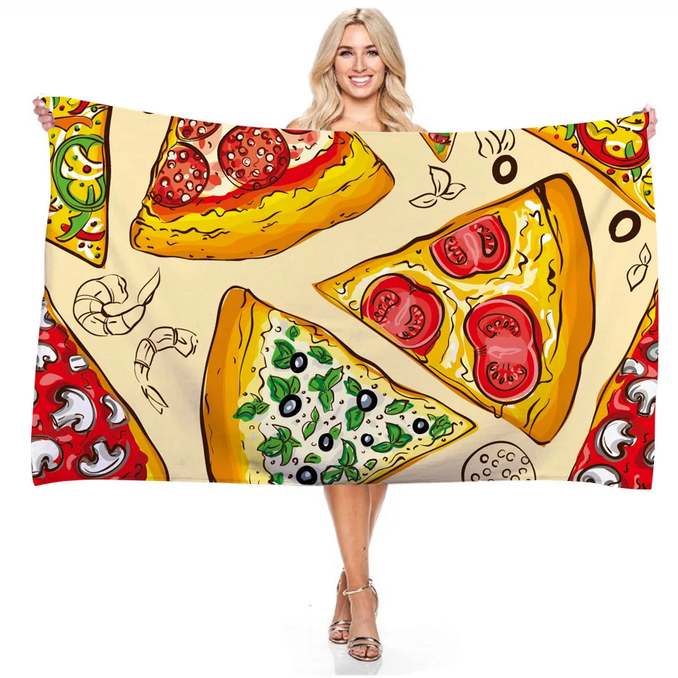 Serviettes de plage alimentaires Burger Pizza frites Délicieux Serviette de bain surdimensionnée à absorption Portable pour filles garçons enfants Serviette de camping de voyage