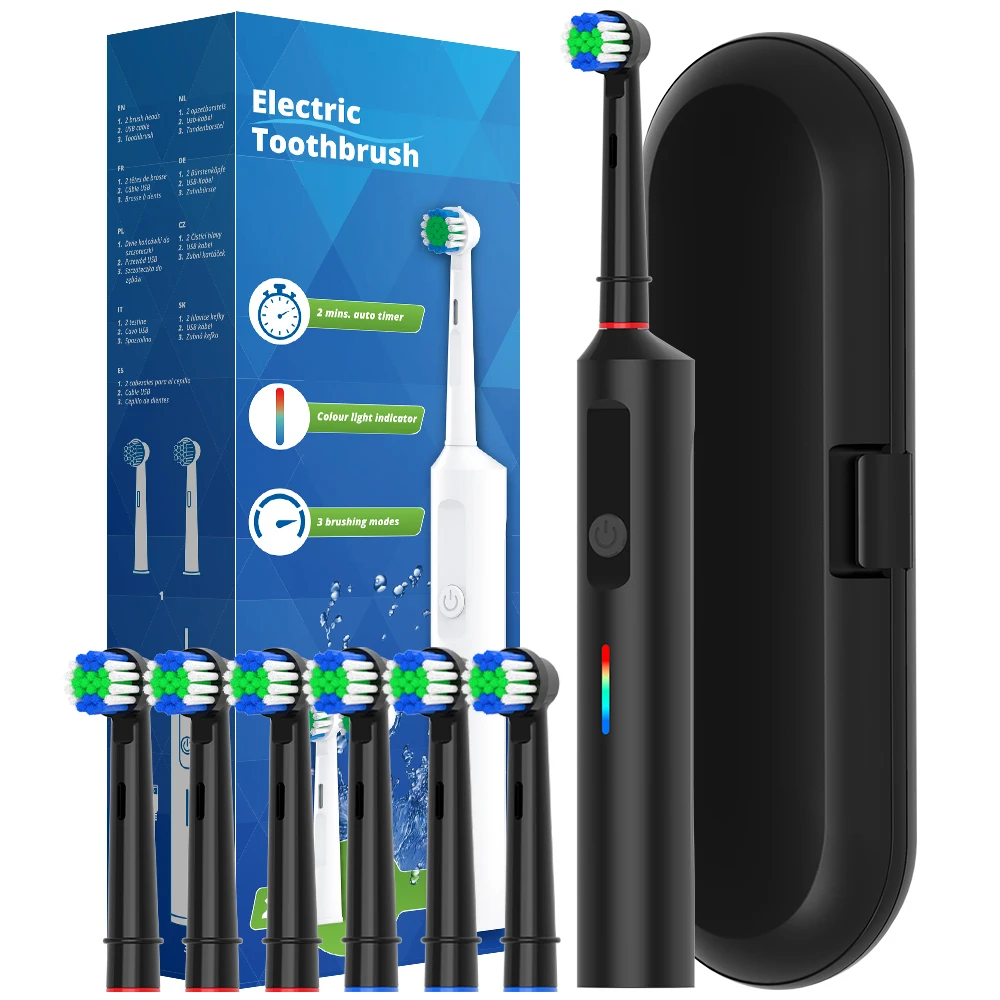 Brosse à dents électrique rotative intelligente, brosse à dents rotative rechargeable avec 6 têtes, compatible avec les têtes de brosse de rechange Oral B