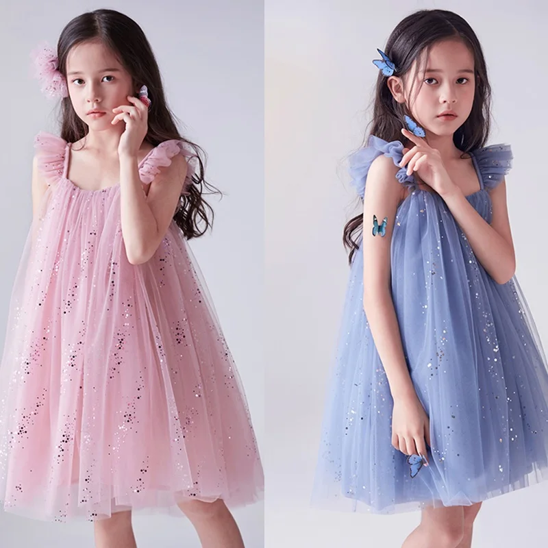 Robe de princesse bleue à paillettes pour filles de 3 à 8 ans, tenue mignonne à volants en maille pour fête d'anniversaire, vêtements de vacances décontractés pour enfants, nouvelle collection d'été