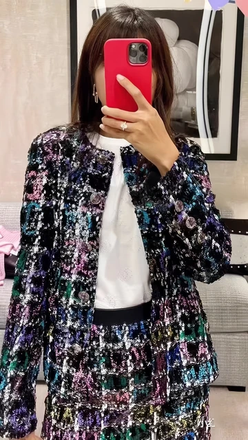 Robe courte CC Tweed à sequins brodés pour femmes, haute qualité, mode – Image 2