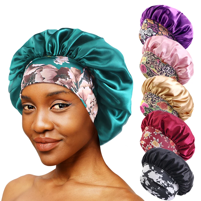 Nouveau femmes Satin solide chapeau de couchage nuit sommeil soins des cheveux Bonnet Bonnet de nuit soyeux bonnets de douche confortable fleur bande unisexe casquette