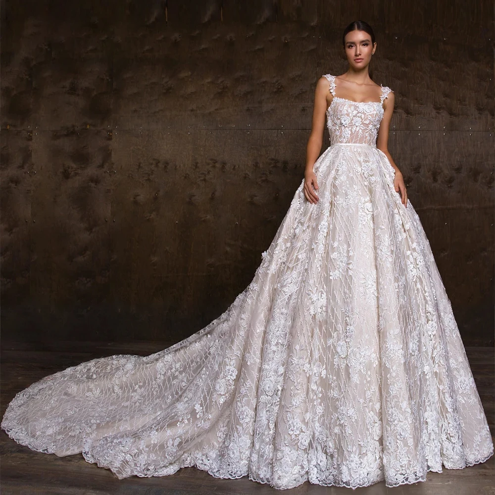 Robe de Mariée en Dentelle 3D, Élégante, Encolure Carrée, Bretelles Spaghetti, Personnalisée