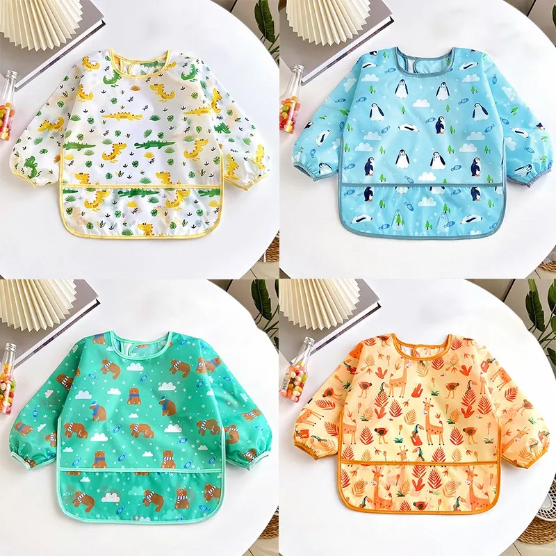 Bavoirs pour bébés de 0 à 3 ans, mignon, coloré, dessin animé, imperméable, pour manger, enfants, dessin, tablier à manches longues, auto-alimentation