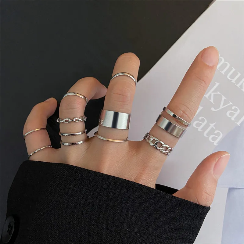 10 pièces Punk Simple anneaux ensemble couleur argent géométrique creux large anneau ensemble femmes Vintage Joint Hiphop bagues bijoux
