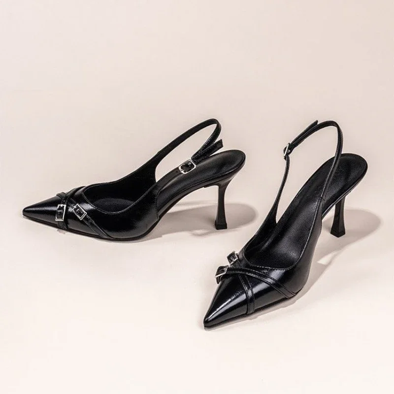 À la mode bout pointu bouche peu profonde nouvelles chaussures à talons hauts été élégant boucle décoré Stiletto noir chaussures pour femmes NO: 602
