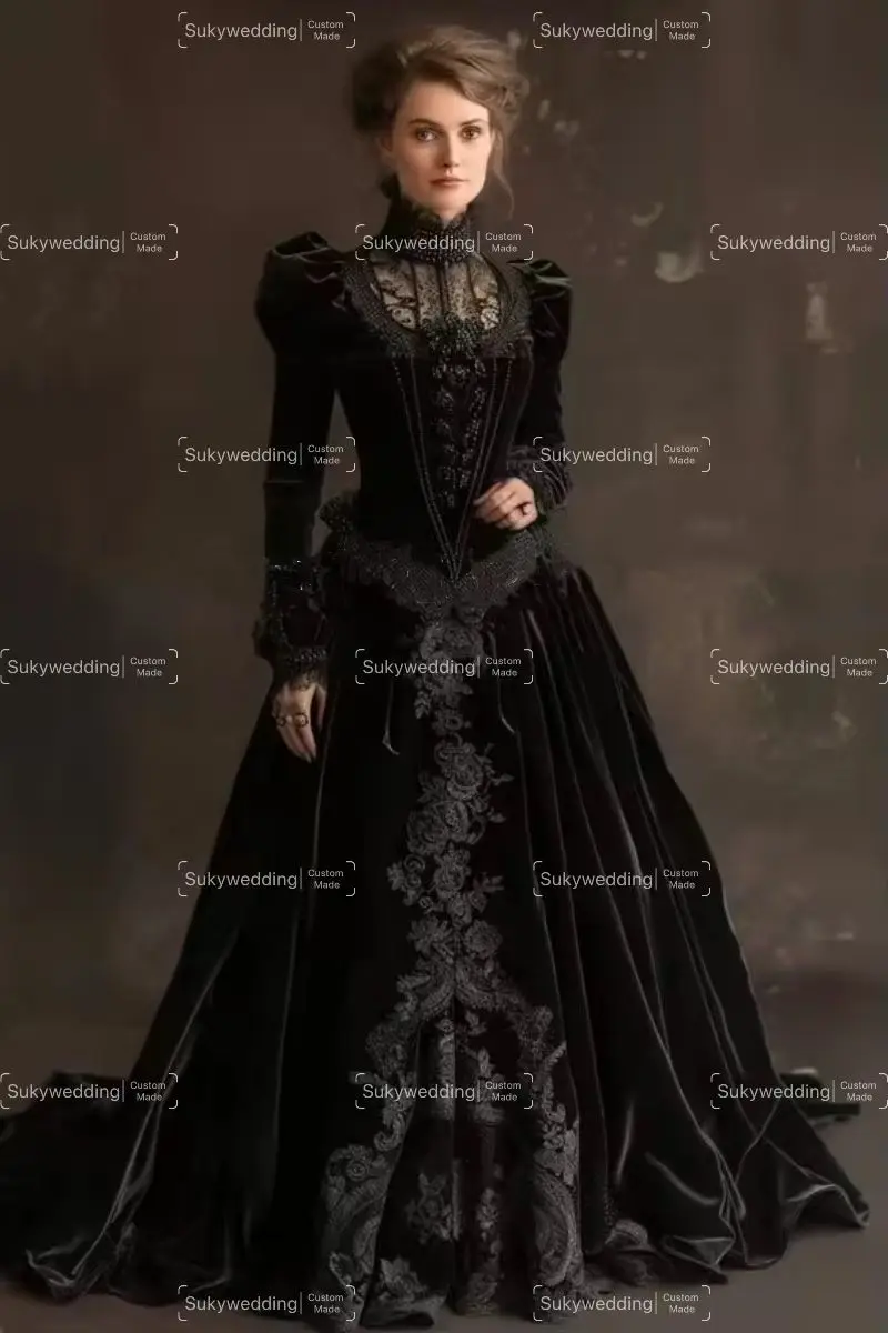 Robes de bal gothiques victoriennes en velours, avec des Appliques de perles en dentelle, col haut, Corset à lacets, robe de soirée d'halloween, Festival personnalisé