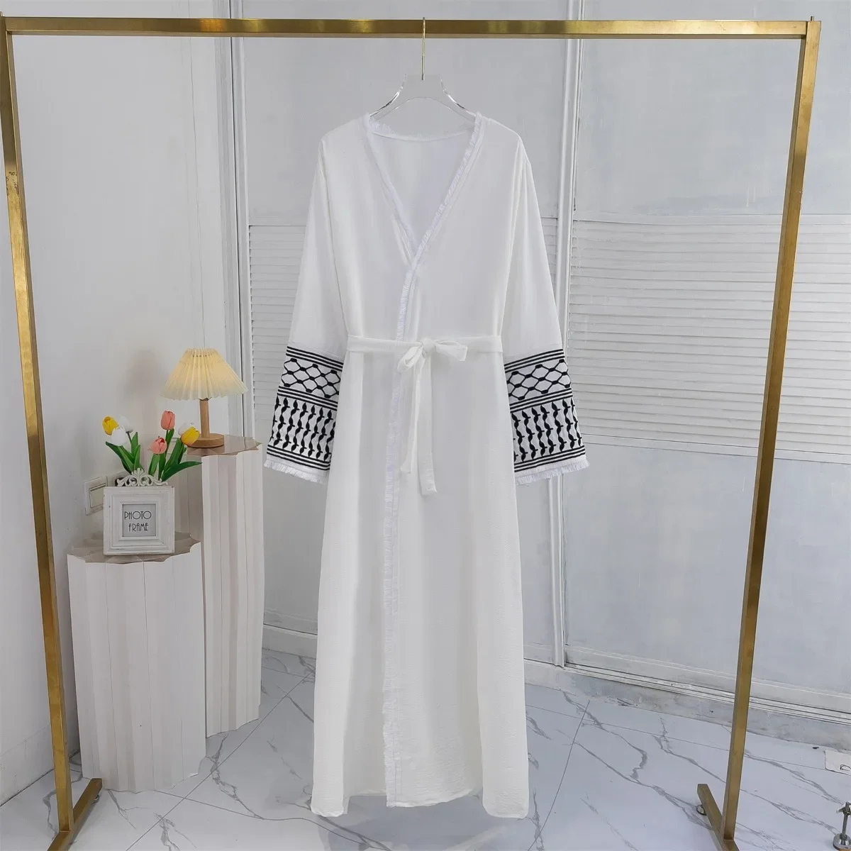 Abayas Musulmanes à Manches sulfavec Ceinture pour Femme, Robe Maxi, Broderie de Pompons, Kaftan, Jilbabs