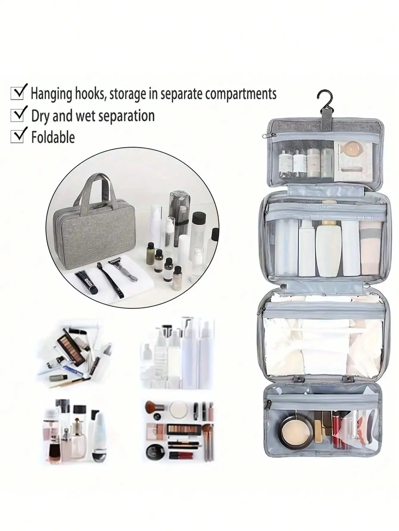Trousse de toilette multifonctionnelle pliable avec séparation sèche et humide, sac de rangement, sac à cosmétiques adapté aux voyages pour femmes et filles, 1 pièce