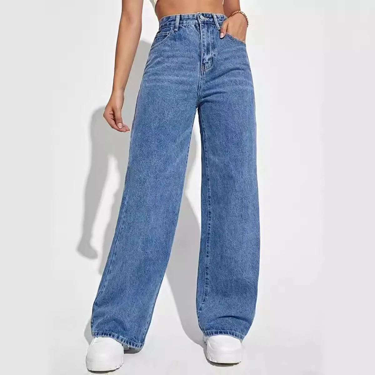 Jean droit à jambes larges bleu foncé pour femmes, amincissant, assorti avec tout, nouvelle collection