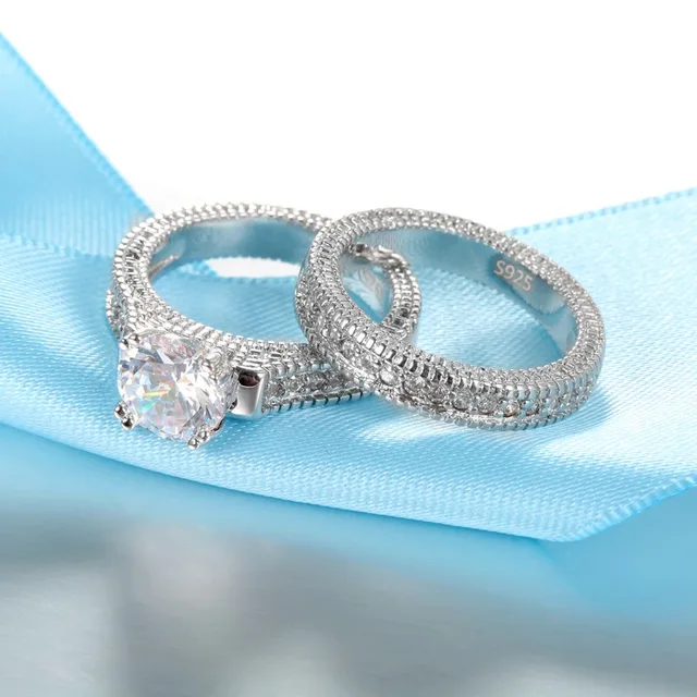 Ensemble de bagues de fiançailles de mariage élégantes, accessoire d'anniversaire de couleur argent Sterling 925 avec pierre de Zircon Cubiz entièrement brillante – Image 4
