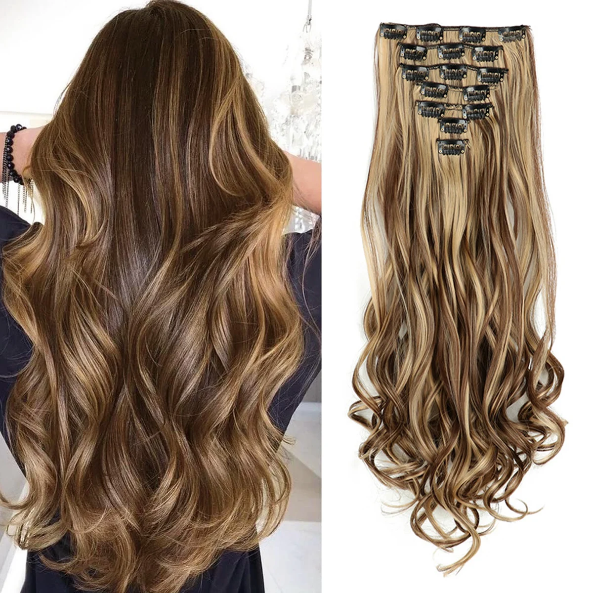 Extensions capillaires synthétiques à clips, 7 pièces, tête complète de 22 pouces, longues, bouclées et ondulées, naturelles ondulées pour femmes et filles