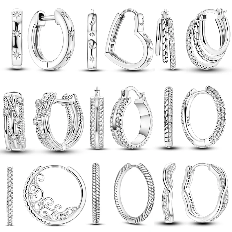 Boucles d'oreilles à Double cerceau pour femmes, breloques en argent 100%, Zircon cubique, cœur, étoile, lune, bijoux élégants, cadeaux d'anniversaire, 925