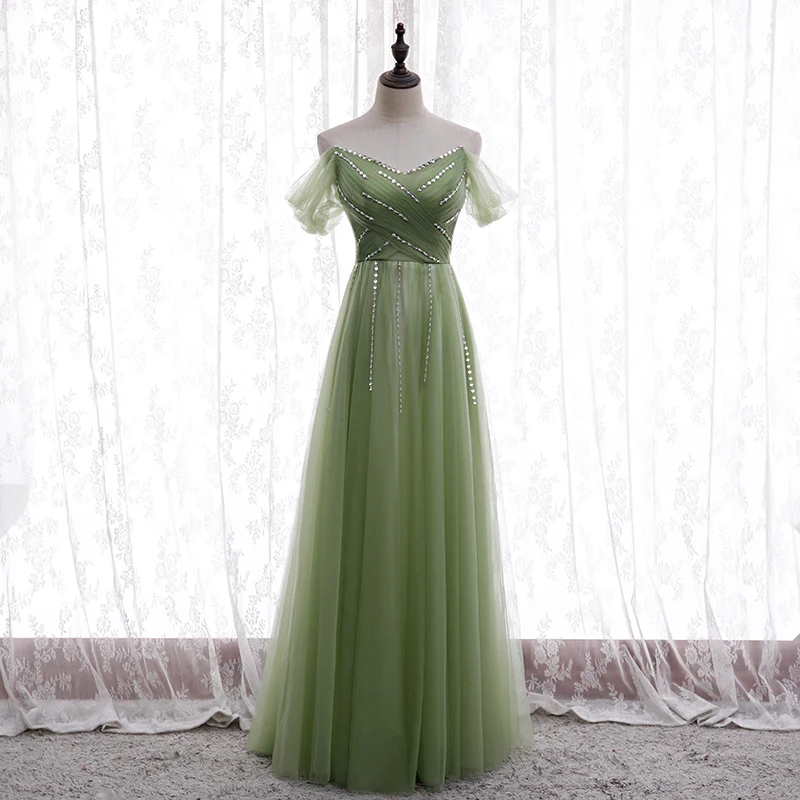 Robe de Demoiselle d'Honneur Longue Verte, Tenue de Soirée en Tulle avec Perles, Fermeture Éclair au Dos